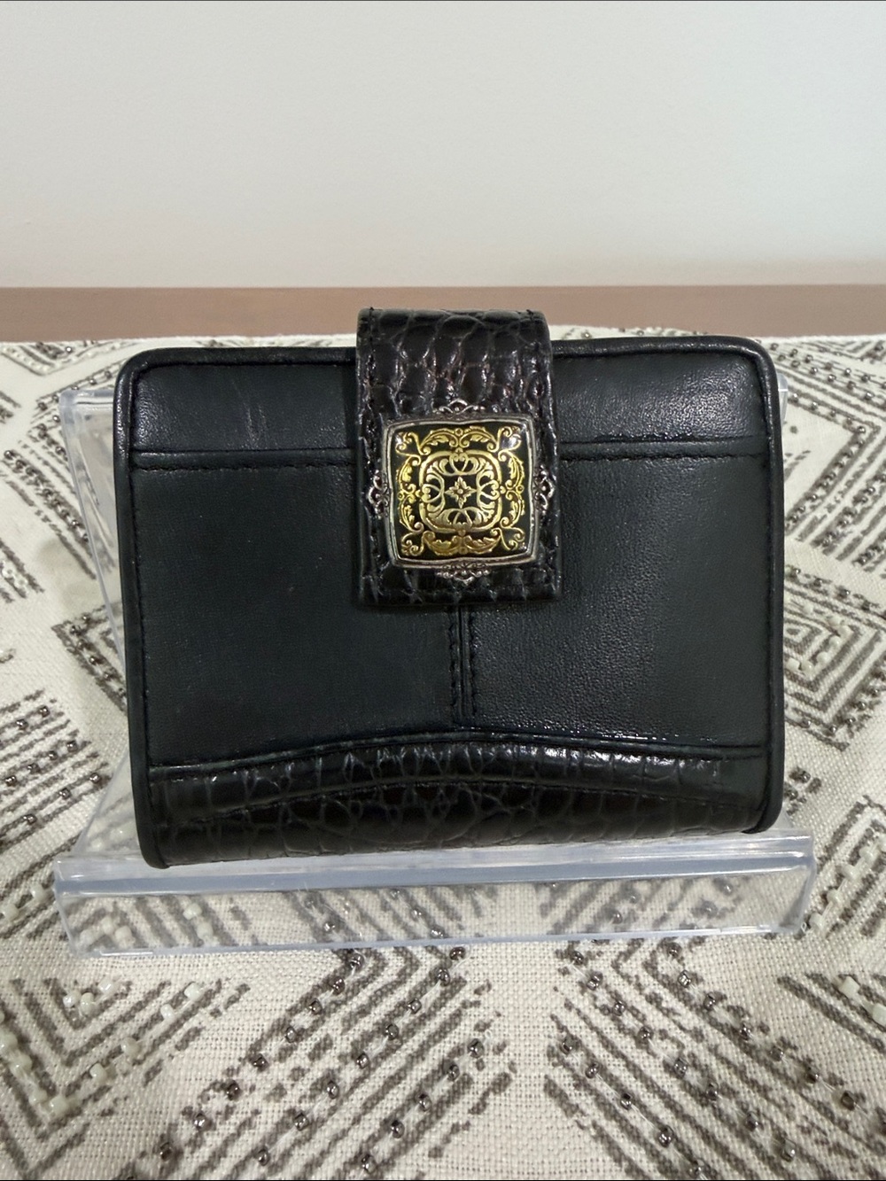 Brighton Black Leather/Croc Embossed Wallet with Gold Filigree Accent